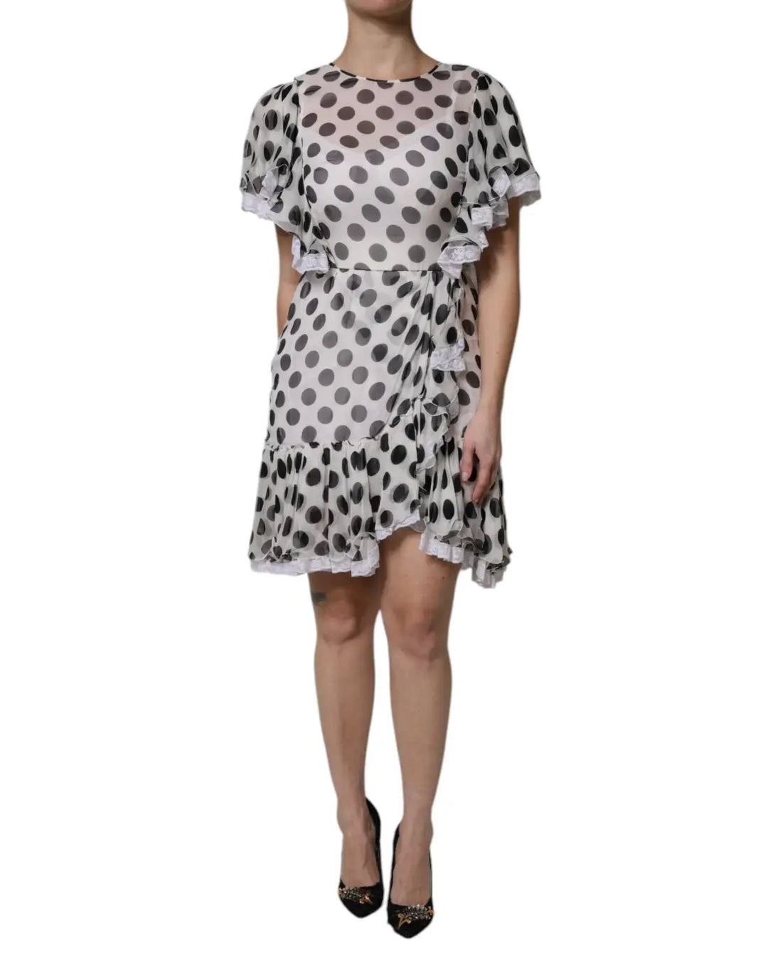 Dolce &amp; Gabbana White Polka Dotted Silk Blend A-line Dress