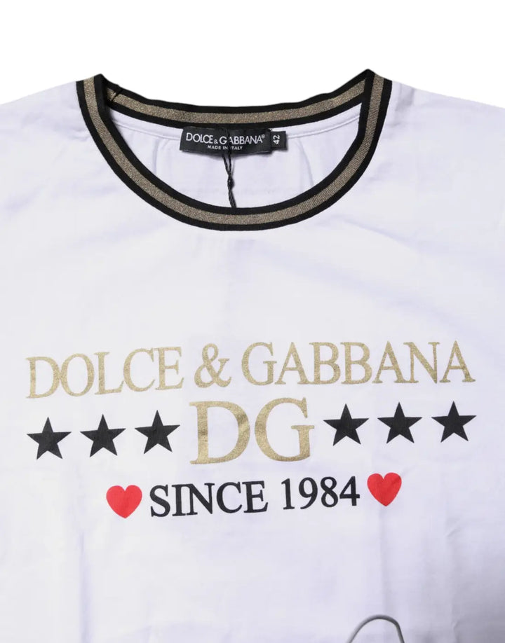 Dolce &amp; Gabbana White Printed Round Neck Top Cotton T-shirt