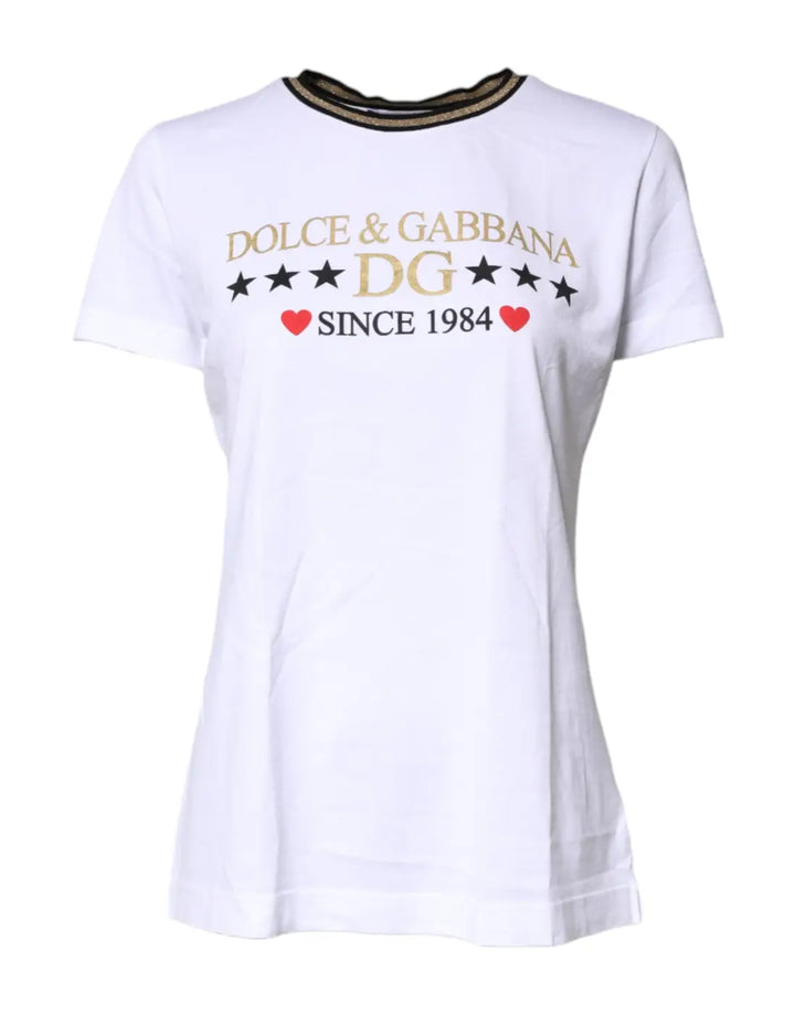 Dolce &amp; Gabbana White Printed Round Neck Top Cotton T-shirt