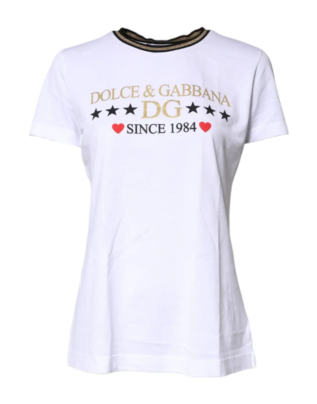 Dolce &amp; Gabbana White Printed Round Neck Top Cotton T-shirt