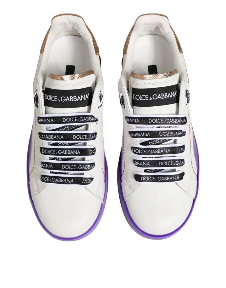 Dolce &amp; Gabbana White Purple Leather Low Top Sneaker Shoes