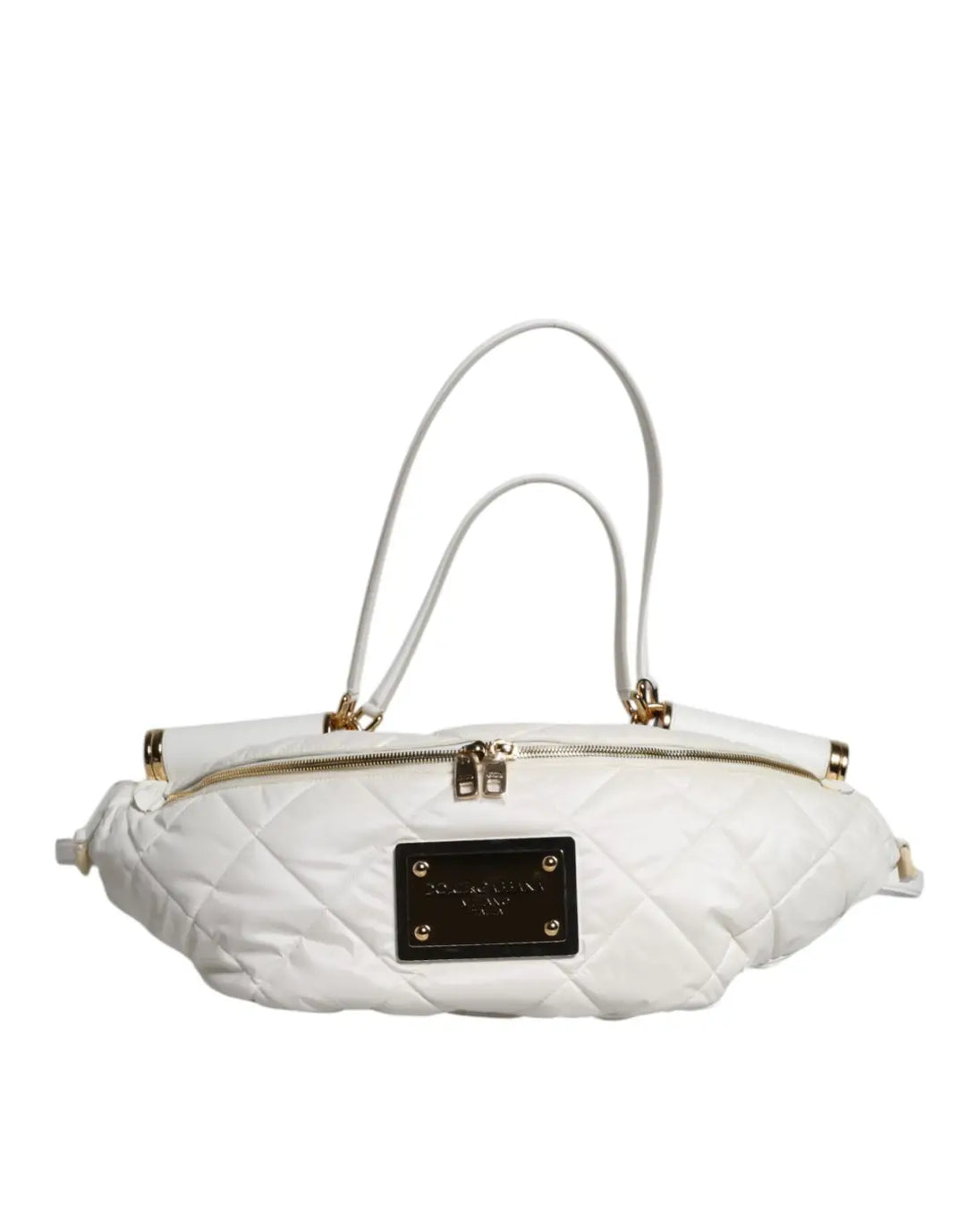 Dolce &amp; Gabbana White Quilted Logo Plaque Belt Waist Fanny Pack Bag