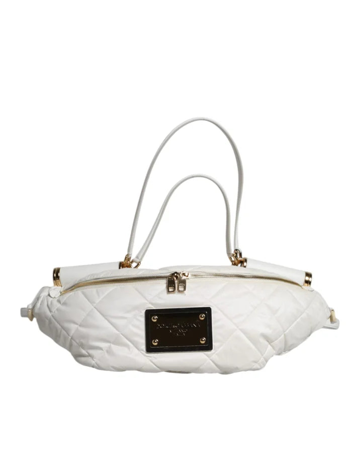 Dolce & Gabbana White Quilted Logo Plaque Belt Waist Fanny Pack Bag