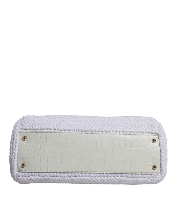 Dolce &amp; Gabbana White Rafia Leather Top Handle Crossbody Bag