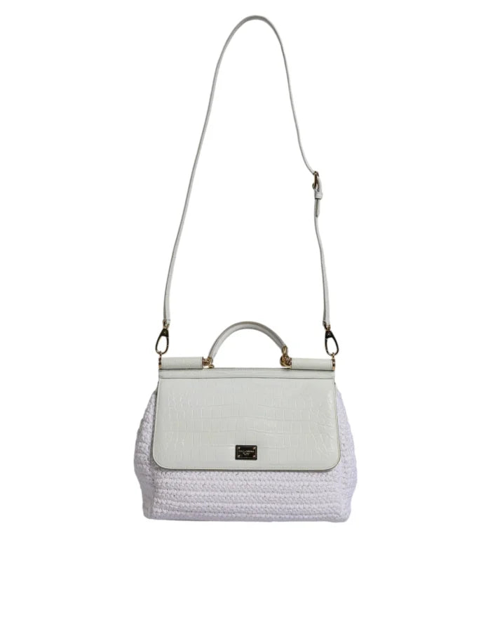Dolce &amp; Gabbana White Rafia Leather Top Handle Crossbody Bag