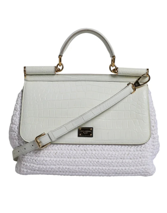 Dolce &amp; Gabbana White Rafia Leather Top Handle Crossbody Bag