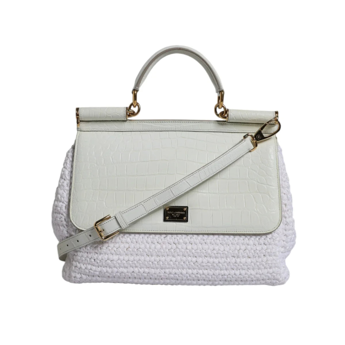 Dolce & Gabbana White Rafia Leather Top Handle Crossbody Bag