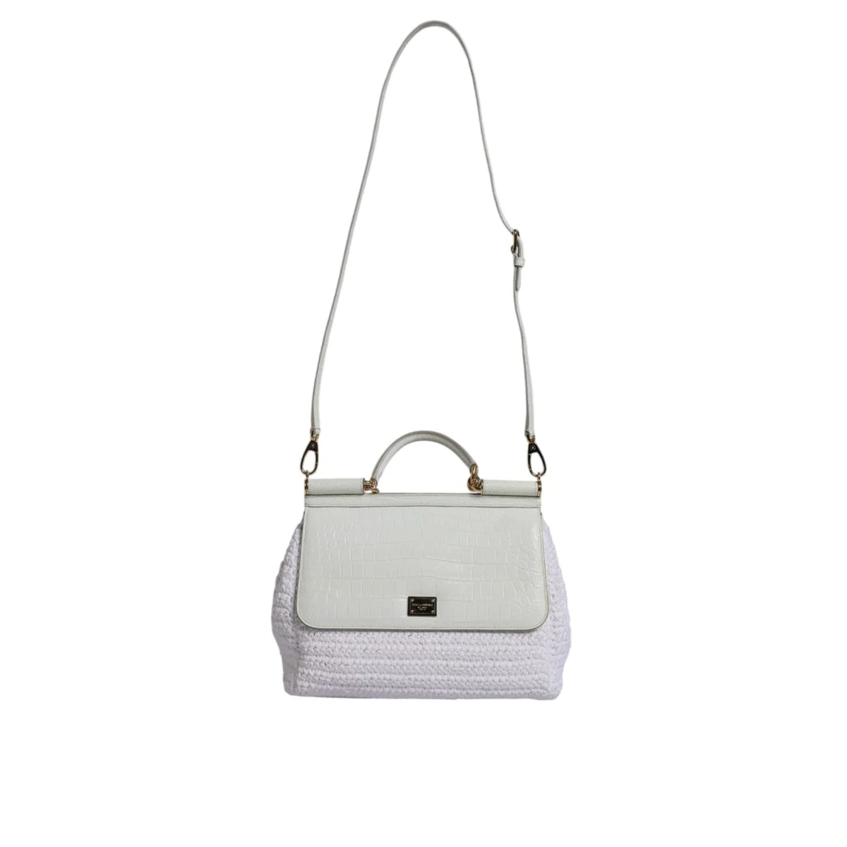 Dolce & Gabbana White Rafia Leather Top Handle Crossbody Bag