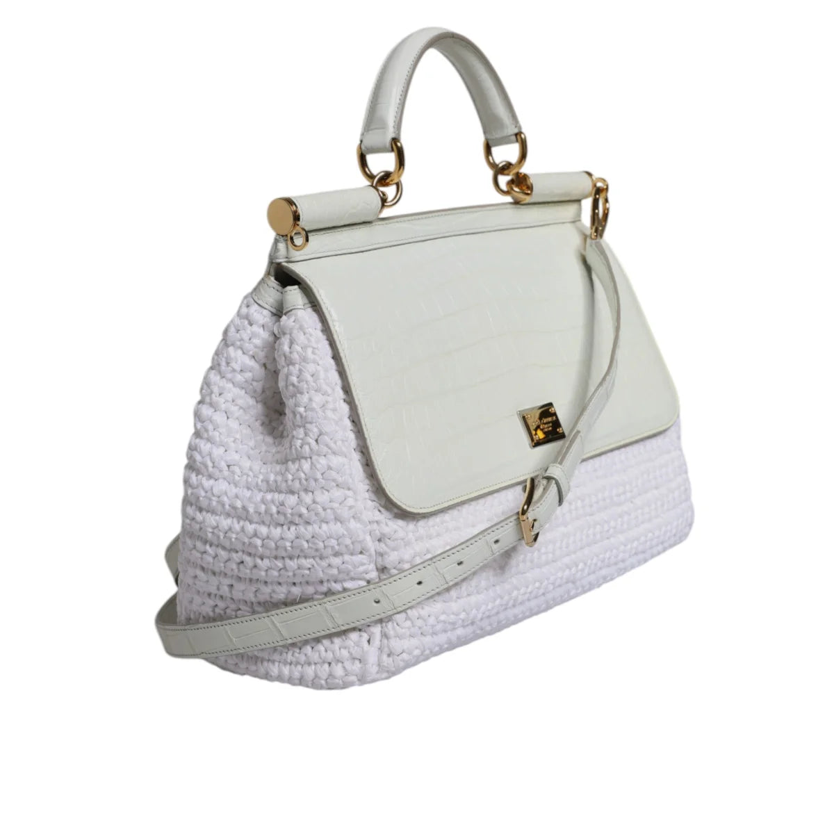 Dolce & Gabbana White Rafia Leather Top Handle Crossbody Bag
