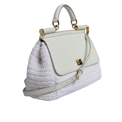 Dolce & Gabbana White Rafia Leather Top Handle Crossbody Bag