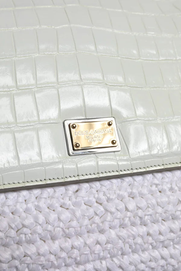 Dolce &amp; Gabbana White Rafia Leather Top Handle Crossbody Bag