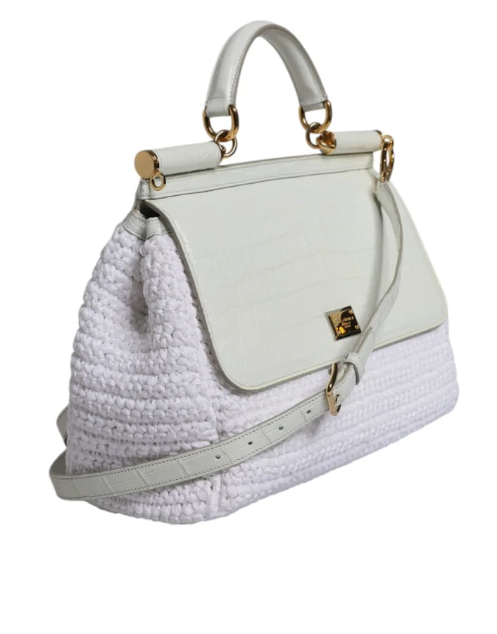 Dolce &amp; Gabbana White Rafia Leather Top Handle Crossbody Bag