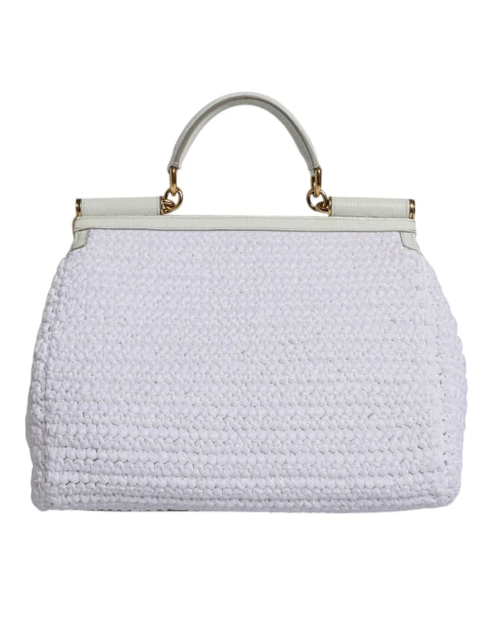 Dolce &amp; Gabbana White Rafia Leather Top Handle Crossbody Bag