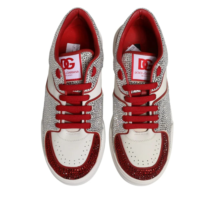 Dolce & Gabbana White Red Rhinestone Embellished Men Sneakers Shoes