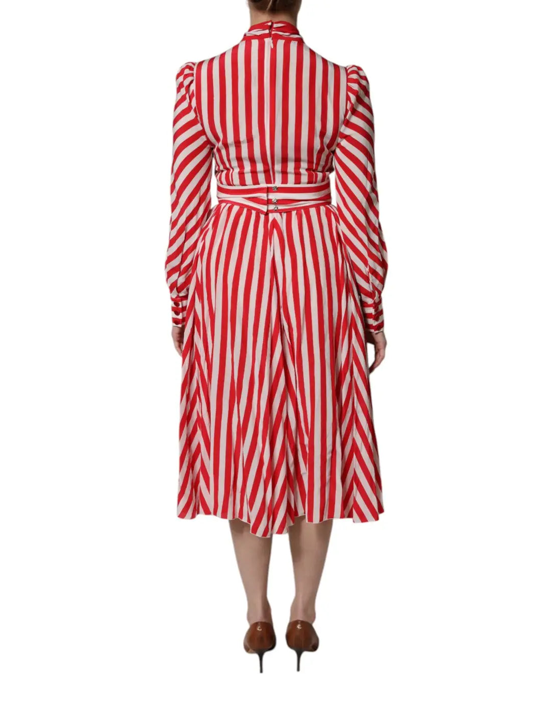 Dolce &amp; Gabbana White Red Stripes Long Sleeves Midi Dress
