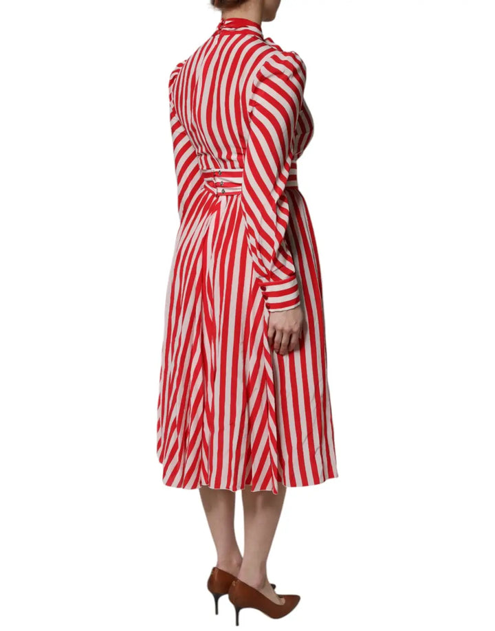Dolce &amp; Gabbana White Red Stripes Long Sleeves Midi Dress