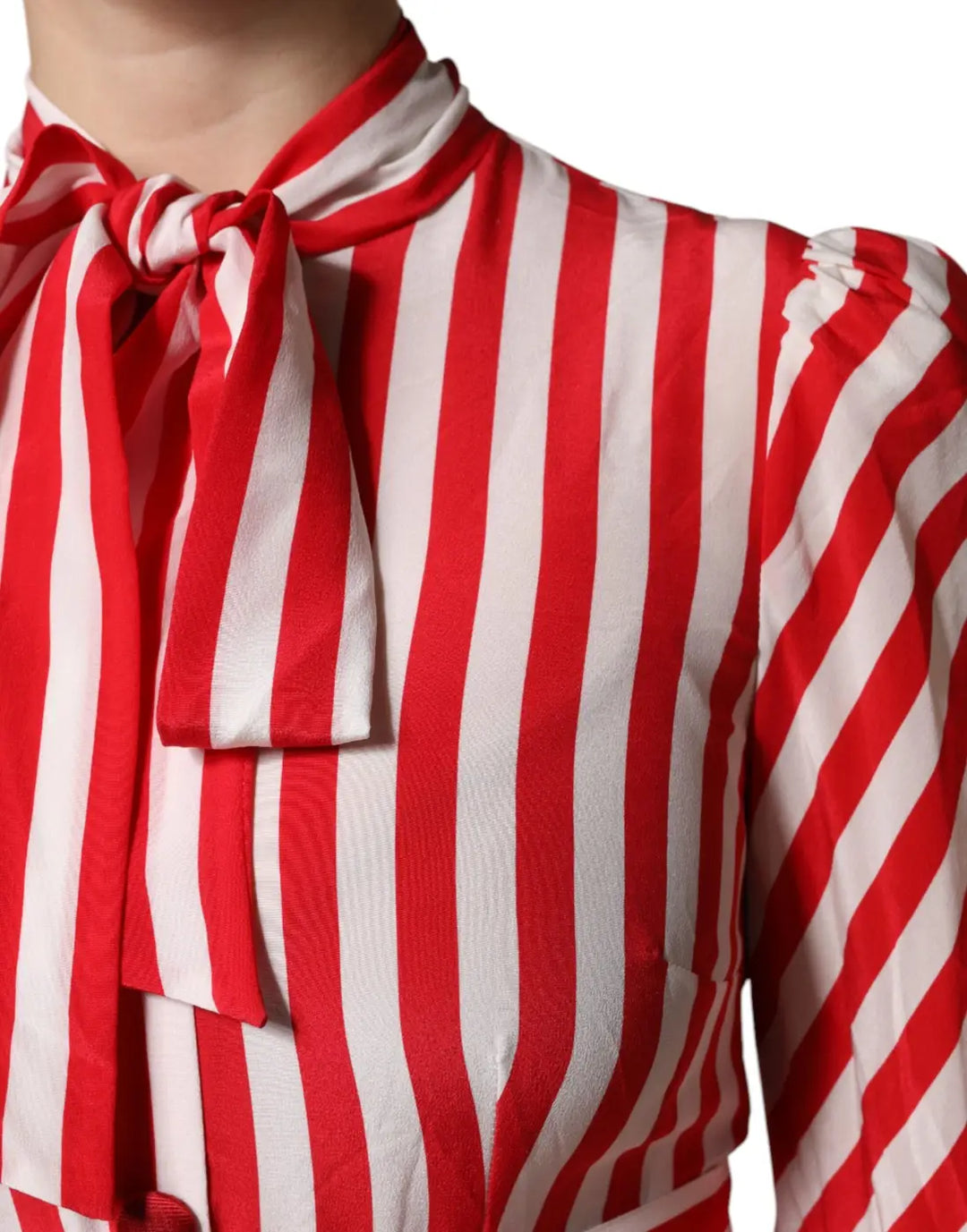 Dolce &amp; Gabbana White Red Stripes Long Sleeves Midi Dress