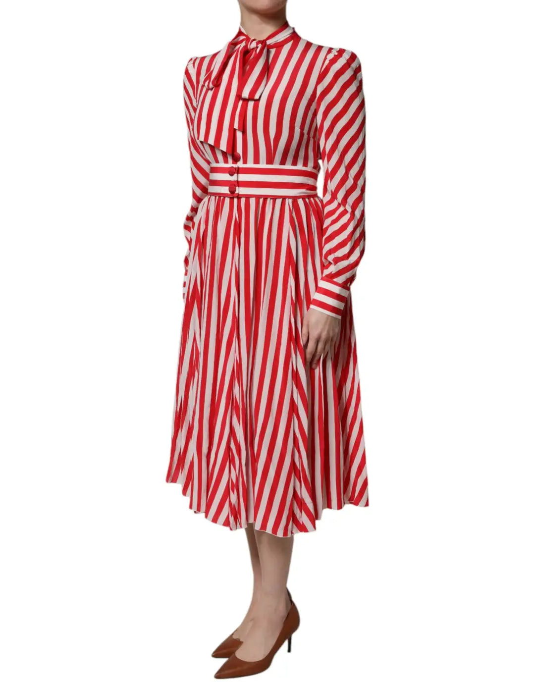 Dolce &amp; Gabbana White Red Stripes Long Sleeves Midi Dress