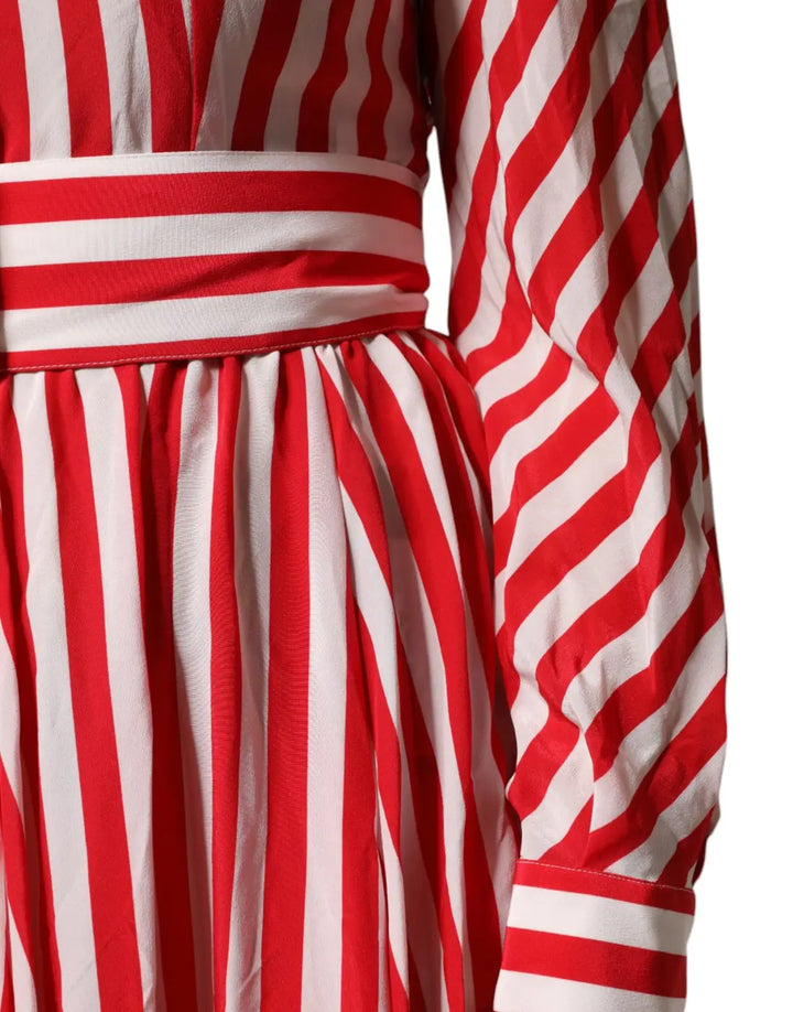 Dolce &amp; Gabbana White Red Stripes Long Sleeves Midi Dress
