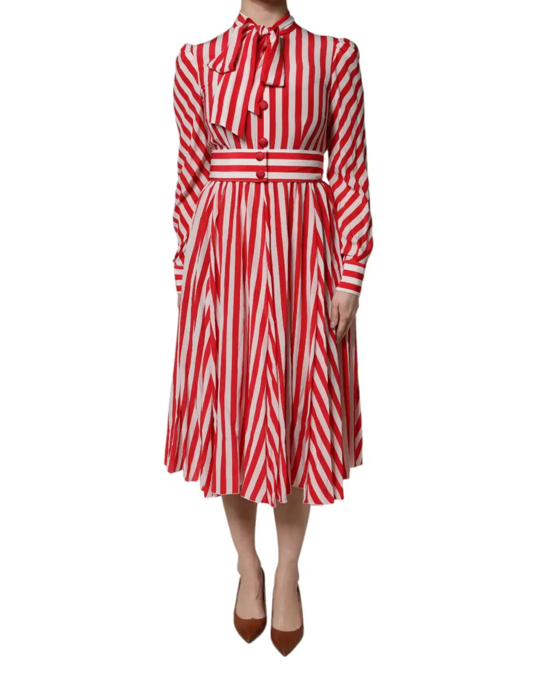 Dolce &amp; Gabbana White Red Stripes Long Sleeves Midi Dress