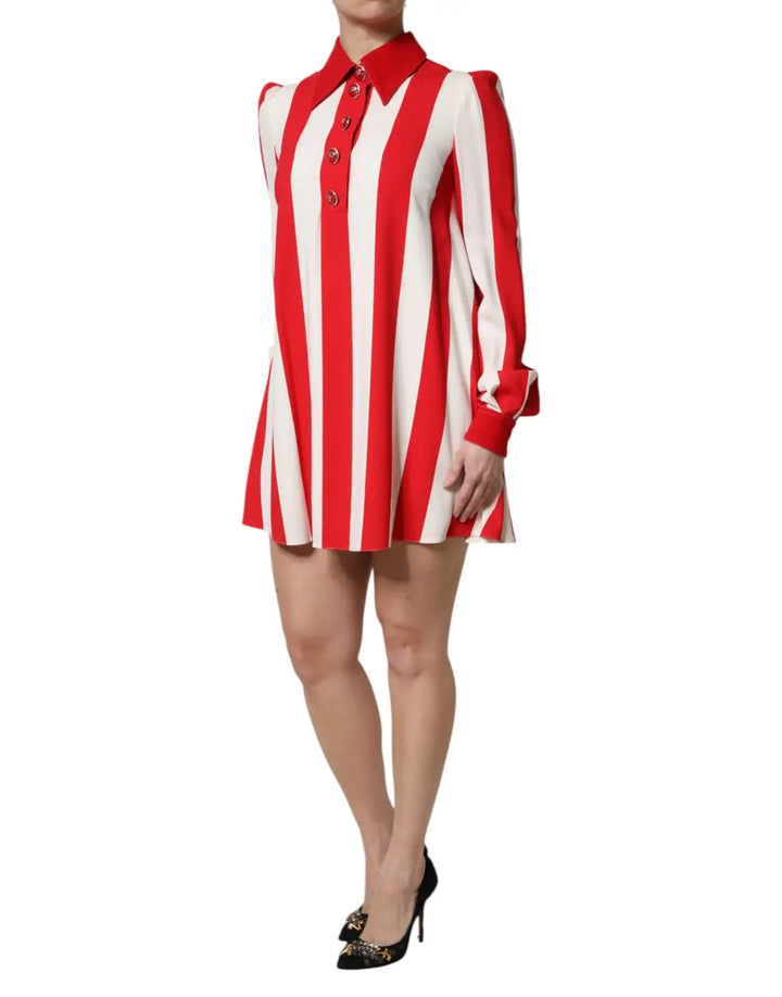 Dolce &amp; Gabbana White Red Stripes Long Sleeves Mini Dress