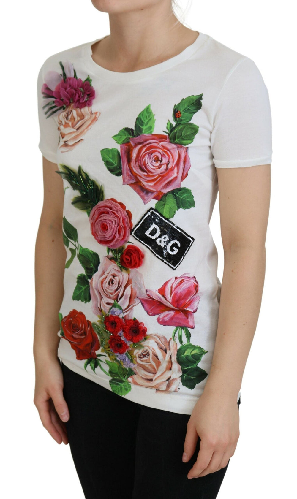 Dolce & Gabbana - White Rose DGLogo Printed Short Sleeves Top