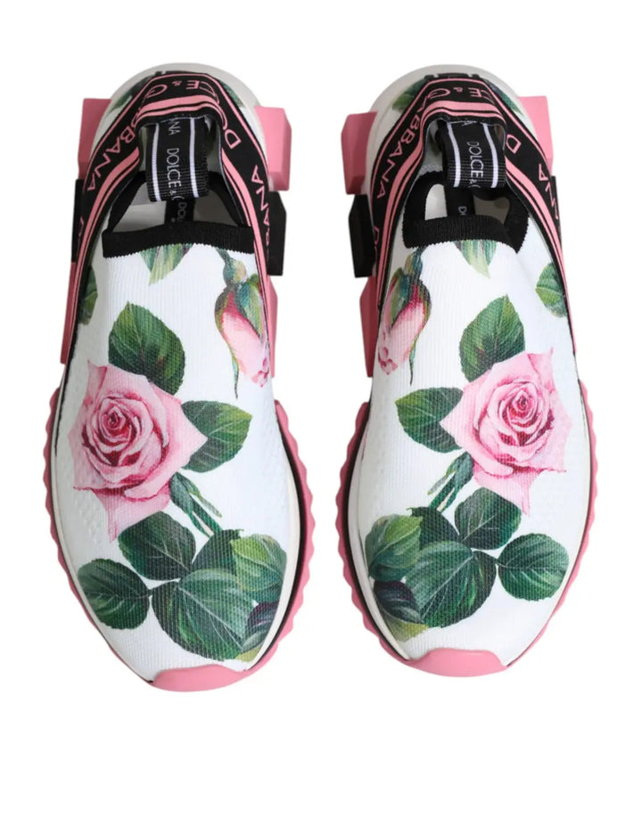 Dolce &amp; Gabbana White Rose Print Sorrento Sneakers Shoes