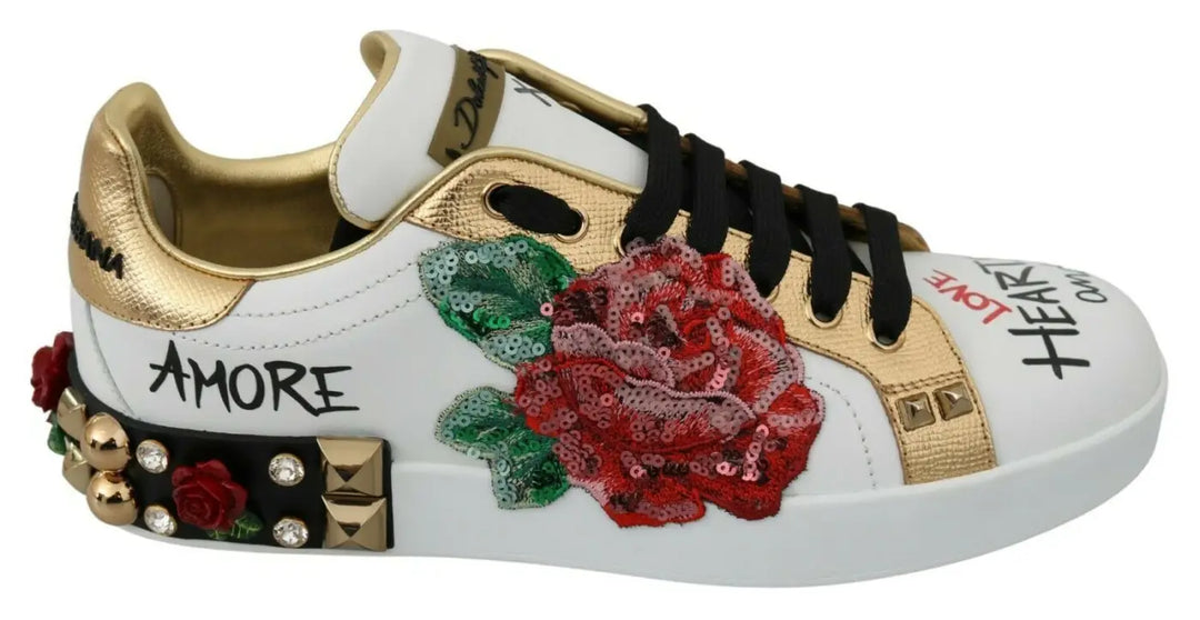 Dolce &amp; Gabbana White Roses Sequined Crystal Womens Sneakers Shoes