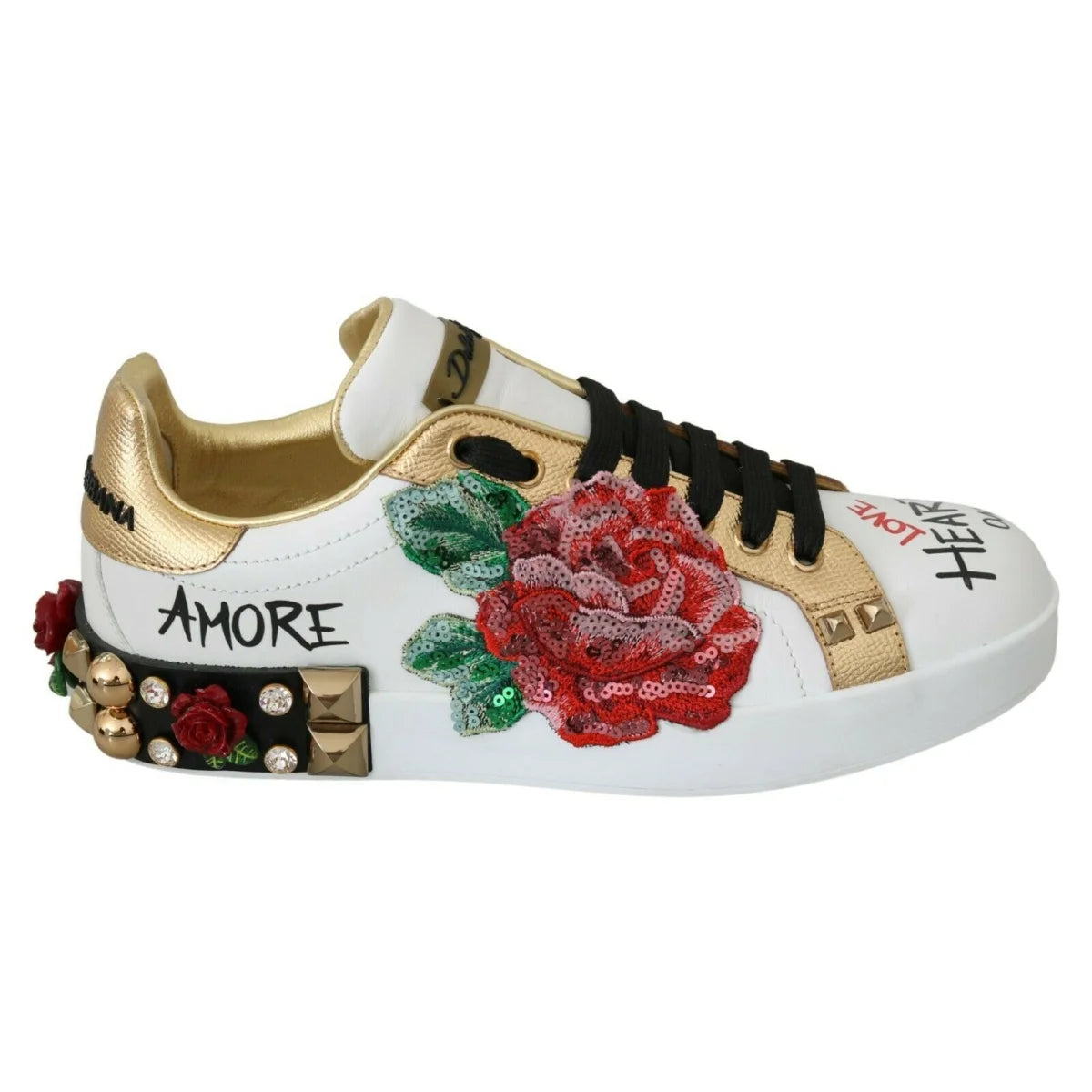 Dolce & Gabbana White Roses Sequined Crystal Womens Sneakers Shoes