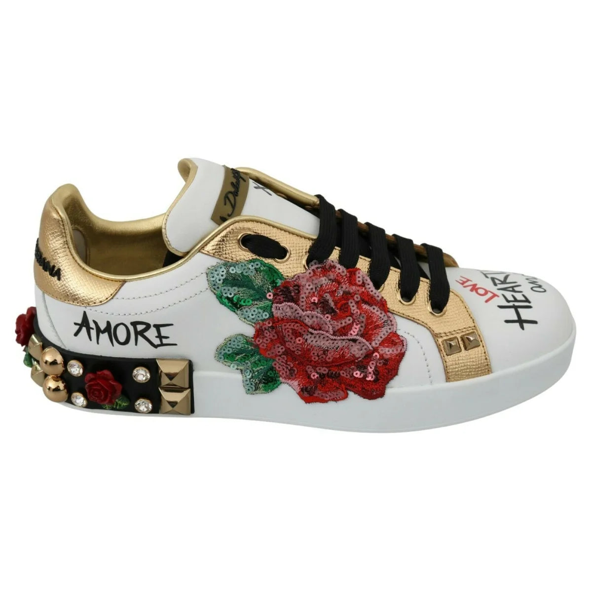 Dolce & Gabbana White Roses Sequined Crystal Womens Sneakers Shoes