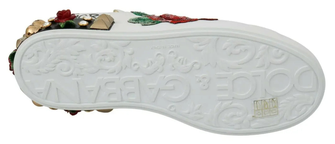 Dolce &amp; Gabbana White Roses Sequined Crystal Womens Sneakers Shoes