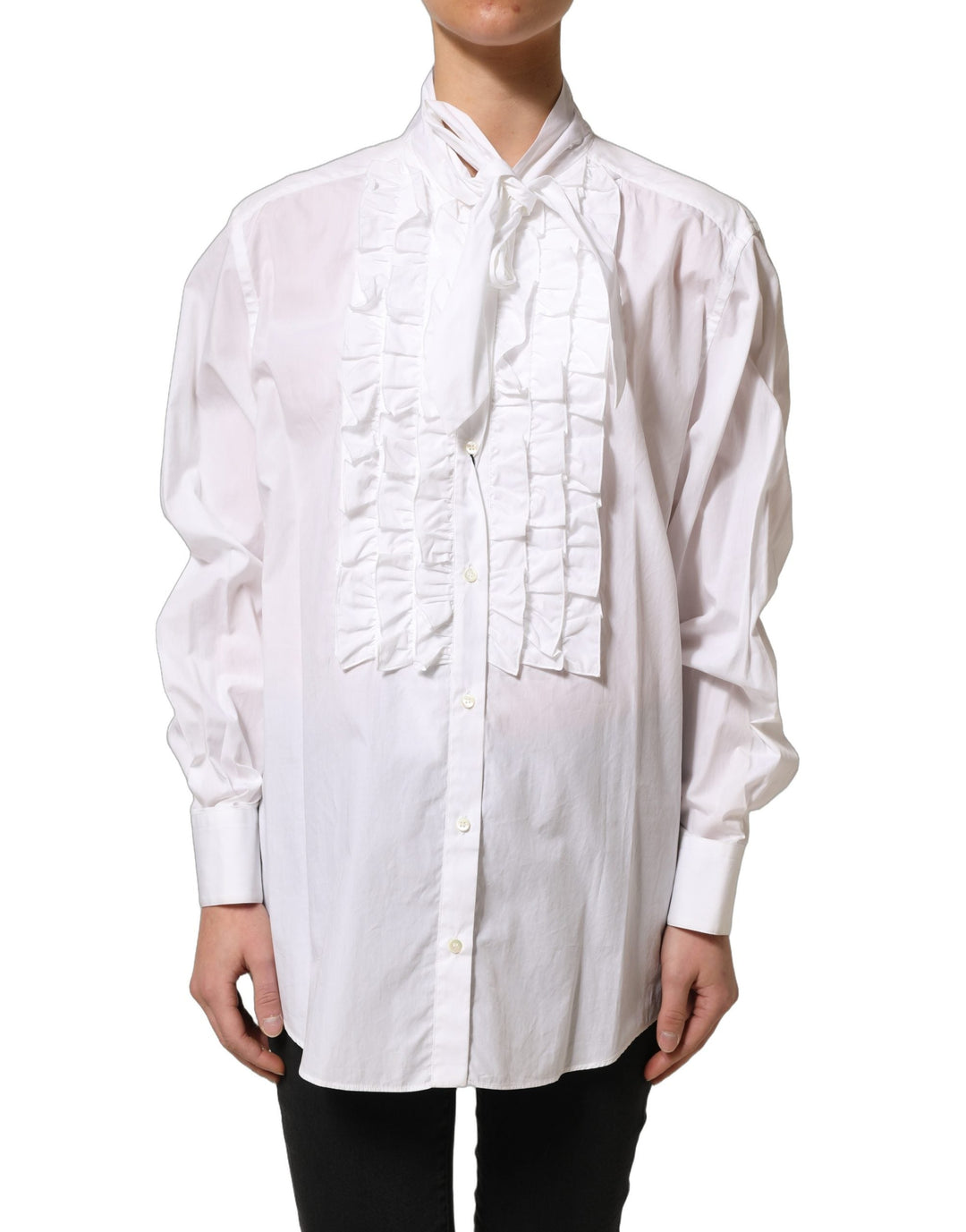 Dolce &amp; Gabbana Blouses - Women’s White Ruffled Bib Long Sleeves Blouse Top