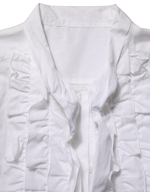 Dolce & Gabbana Blouses - Women’s White Ruffled Bib Long Sleeves Blouse Top