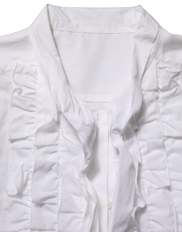 Dolce &amp; Gabbana Blouses - Women’s White Ruffled Bib Long Sleeves Blouse Top