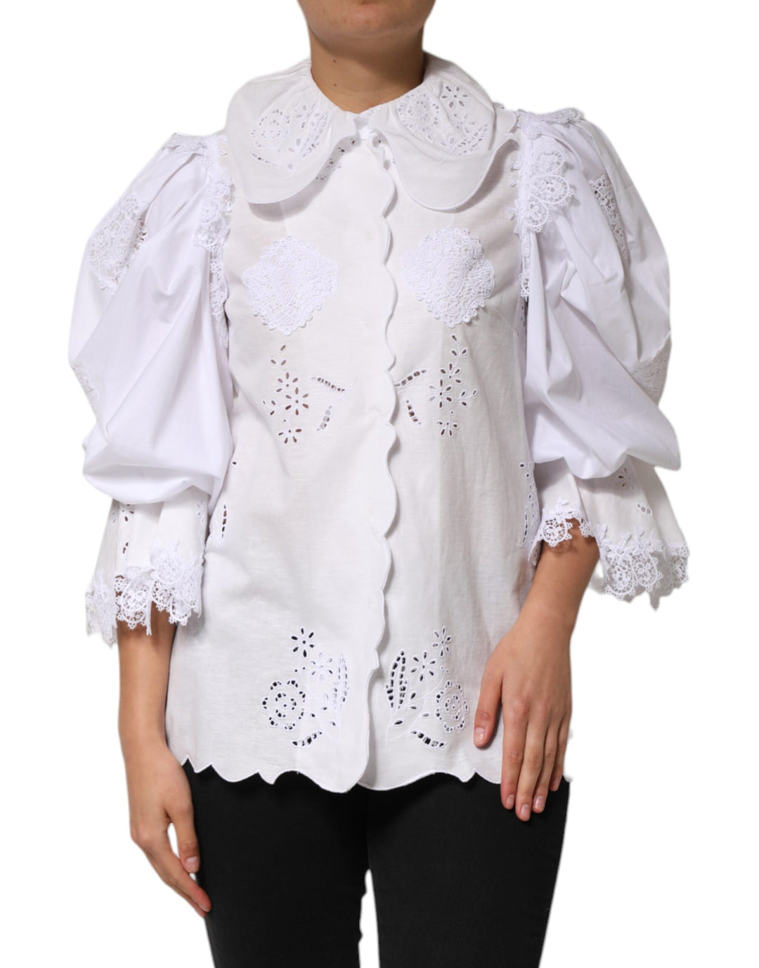 Dolce &amp; Gabbana Blouses - Women’s White Ruffled Lace Embellished Blouse Top