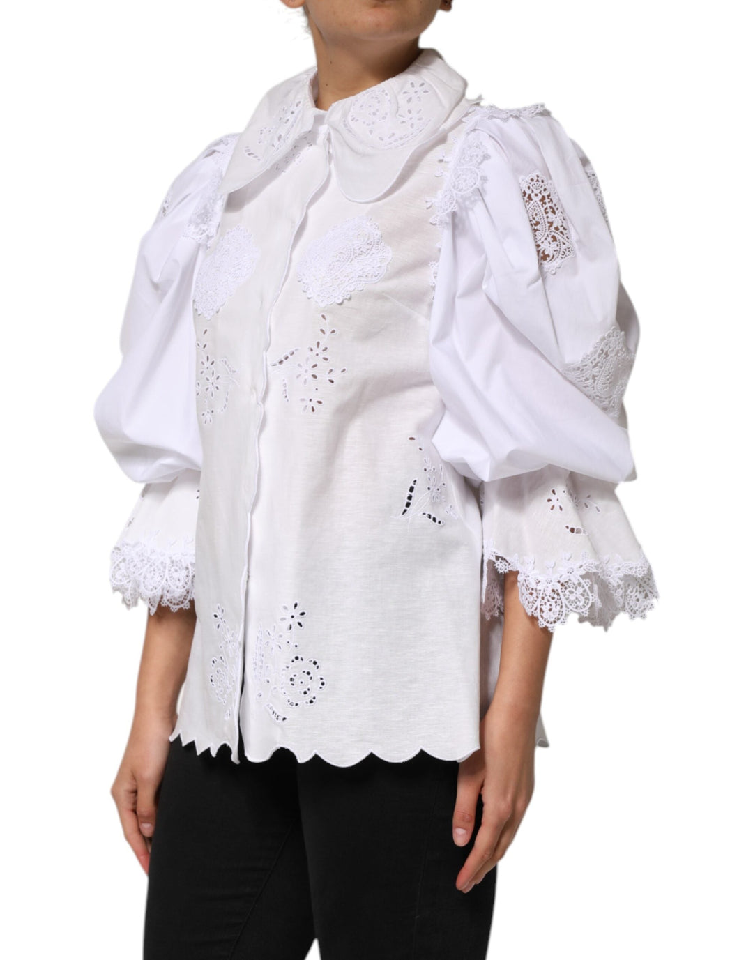 Dolce &amp; Gabbana Blouses - Women’s White Ruffled Lace Embellished Blouse Top