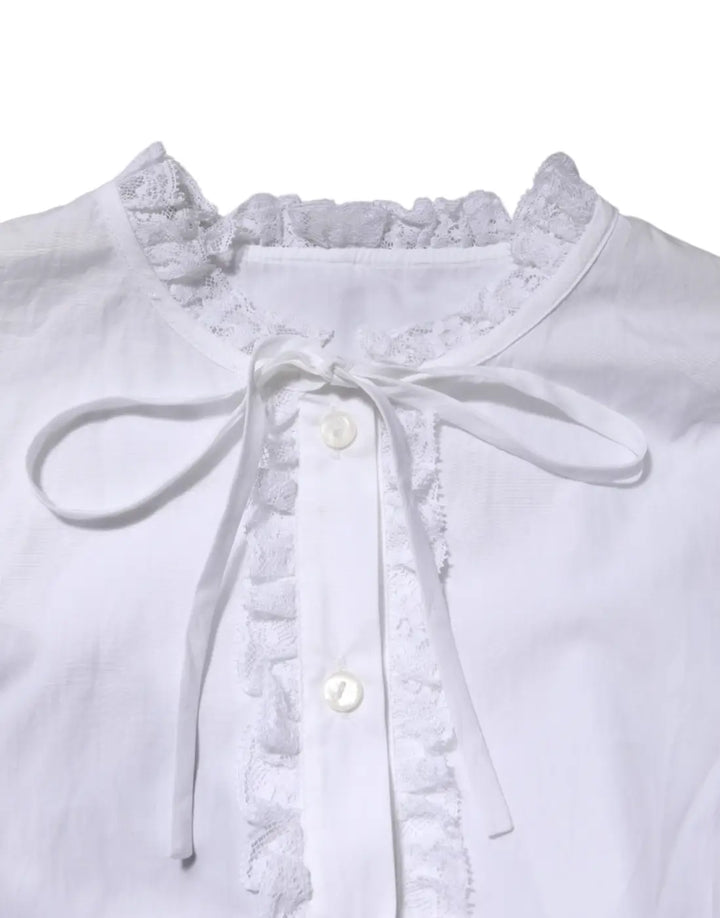 Dolce &amp; Gabbana White Ruffled Lace Embellished Blouse Top