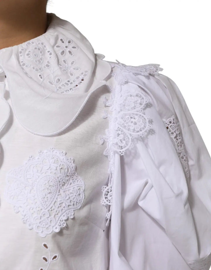 Dolce &amp; Gabbana White Ruffled Lace Embellished Blouse Top