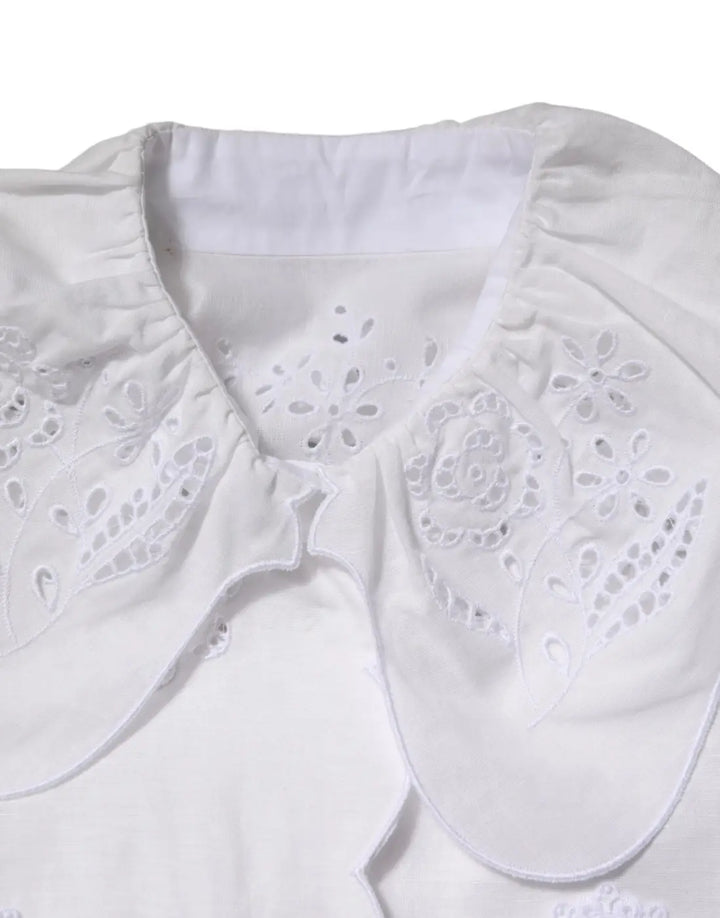 Dolce &amp; Gabbana White Ruffled Lace Embellished Blouse Top