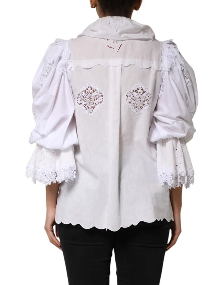 Dolce &amp; Gabbana White Ruffled Lace Embellished Blouse Top