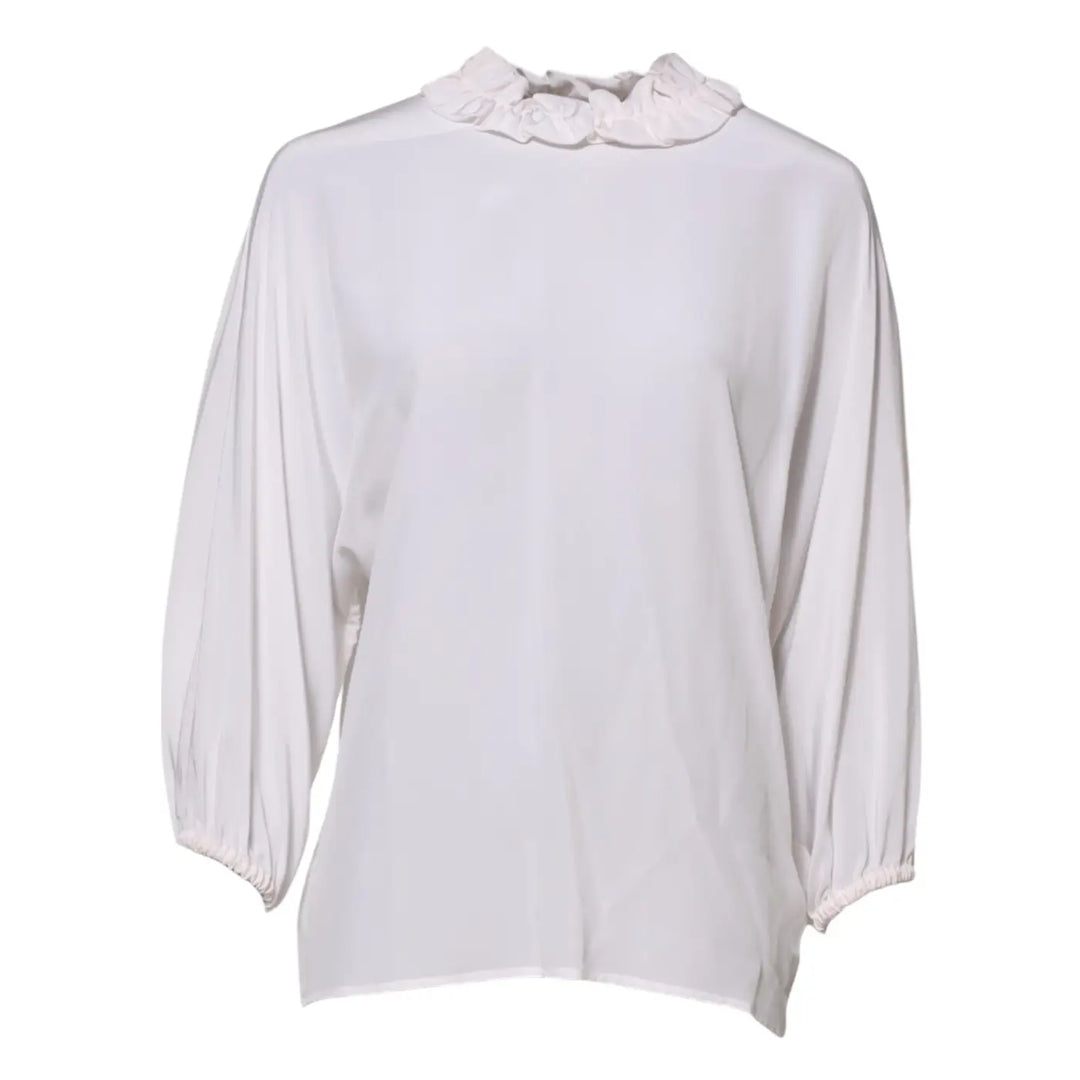 Dolce &amp; Gabbana White Ruffled Neckline Blouse Pullover Top