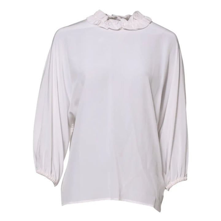 Dolce &amp; Gabbana White Ruffled Neckline Blouse Pullover Top