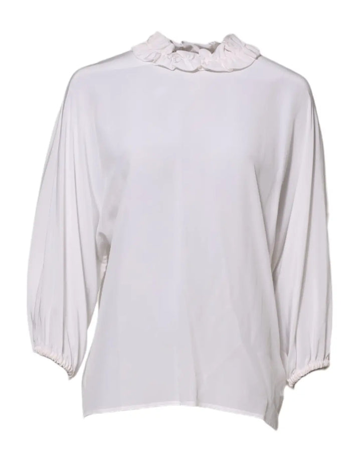 Dolce &amp; Gabbana White Ruffled Neckline Blouse Pullover Top