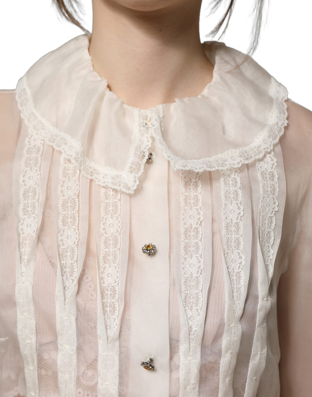 Dolce &amp; Gabbana Blouses - Women’s White Ruffled Sheer Silk Buttoned Blouse Top