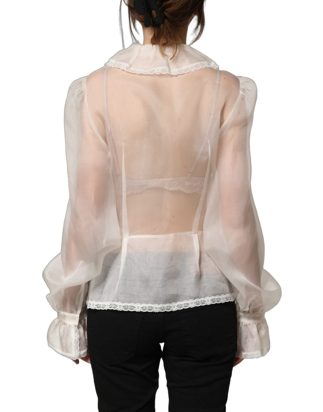 Dolce &amp; Gabbana Blouses - Women’s White Ruffled Sheer Silk Buttoned Blouse Top