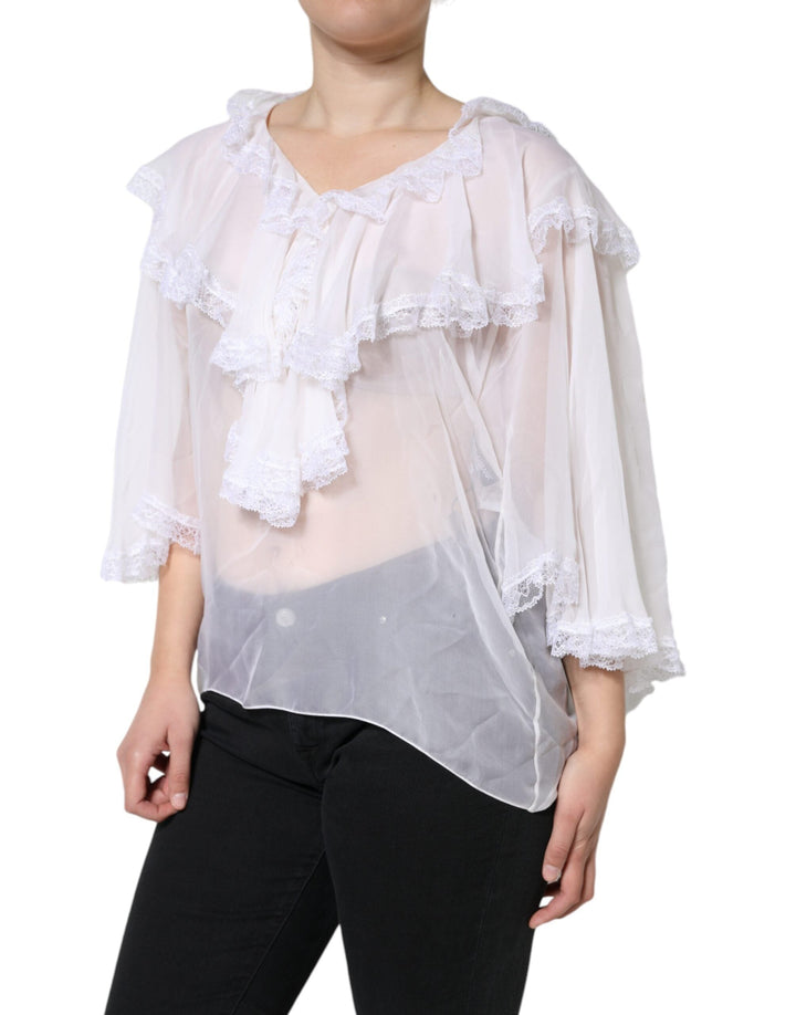 Dolce &amp; Gabbana - White Ruffles Lace Long Sleeve Blouse Top
