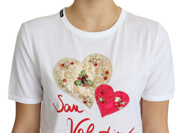 Dolce & Gabbana T-Shirts - White San Valentino Heart Crystals T-shirt Top