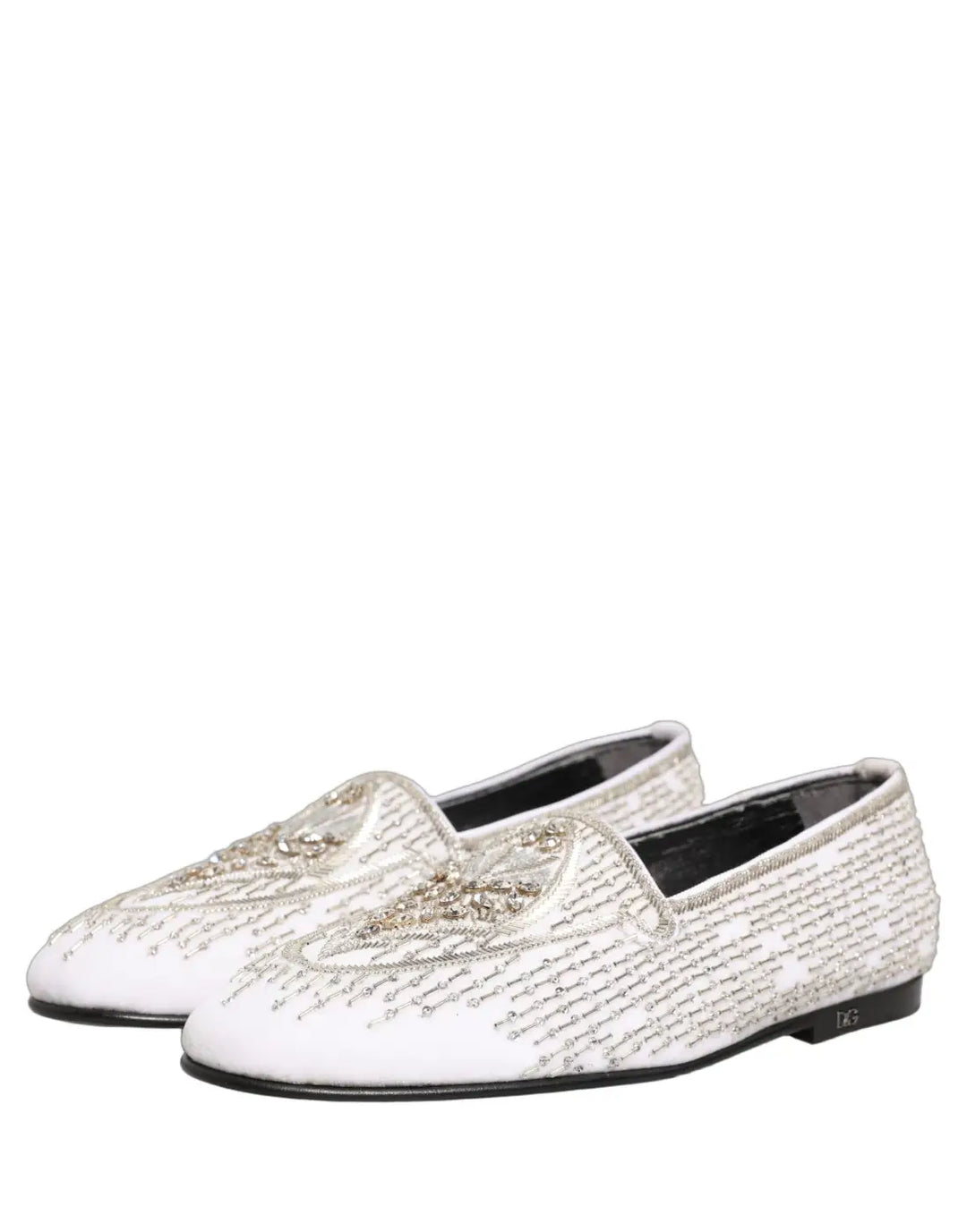Dolce &amp; Gabbana White Satin Embellished Dress Loafers Shoes
