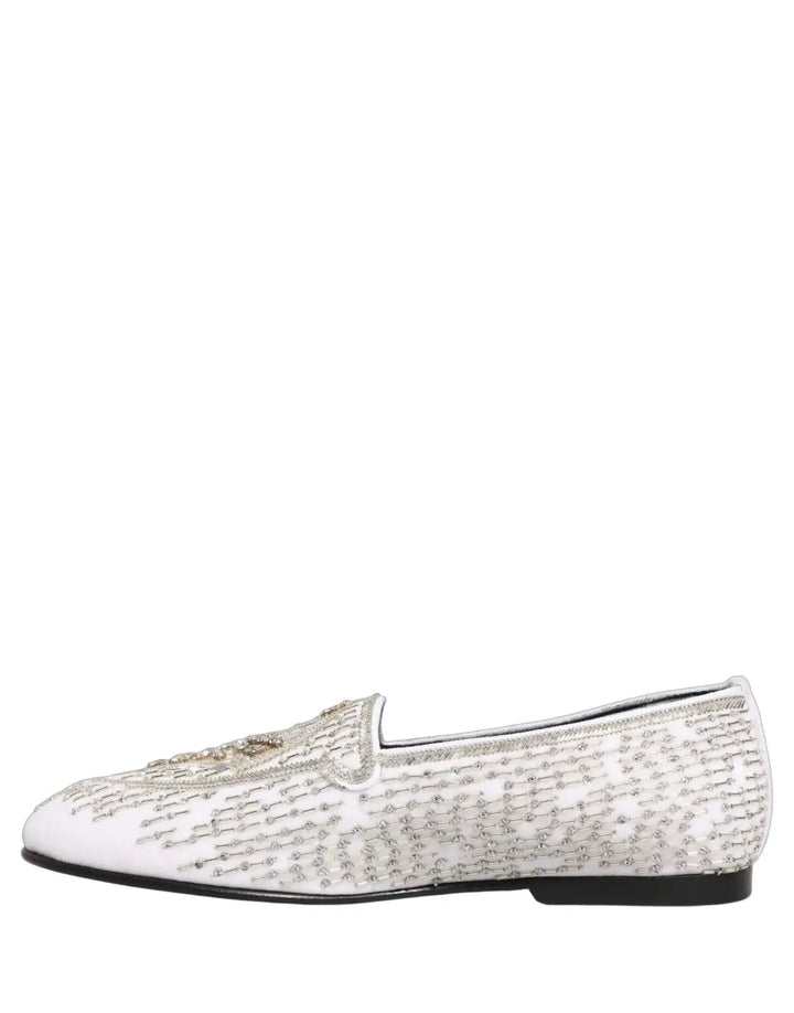 Dolce &amp; Gabbana White Satin Embellished Dress Loafers Shoes