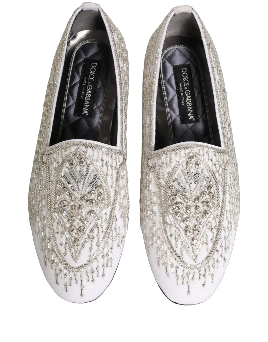 Dolce &amp; Gabbana White Satin Embellished Dress Loafers Shoes